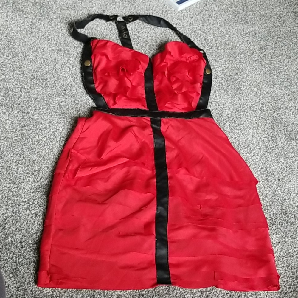 Red ruffle cage back dress